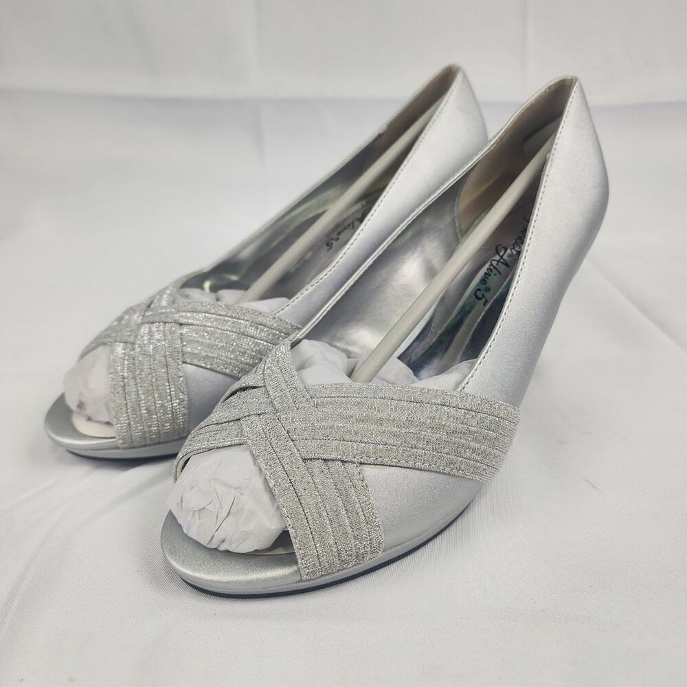 Women's Silver Peep-Toe Heels with Glitter Strap Detail